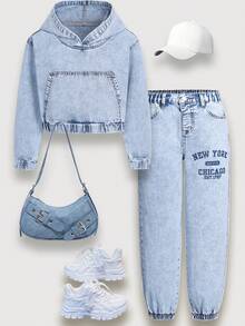 Tween Girls 2-Piece Denim Outfit,Light Blue Hooded Cropped Sweatshirt & Jogger Pants,Autumn Streetwear School Back-To-School Casual Daily Wear Set - Light Wash - View 1