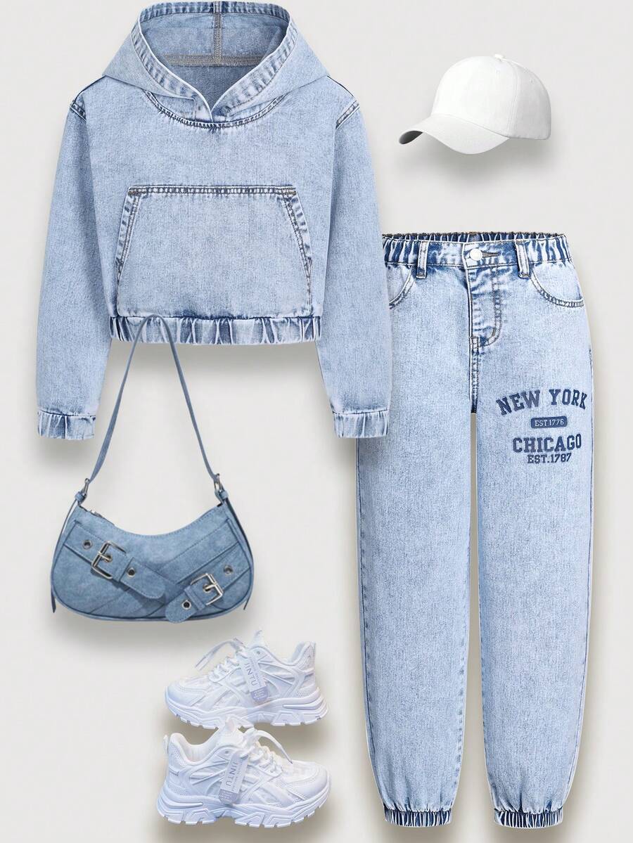 Tween Girls 2-Piece Denim Outfit,Light Blue Hooded Cropped Sweatshirt & Jogger Pants,Autumn Streetwear School Back-To-School Casual Daily Wear Set - Light Wash - View 1