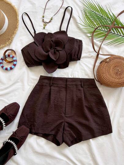 Soleia Women's Vacation Brown 3D Floral Top And Casual Shorts 2 Pieces Set