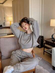 DAZY 女士休闲卫衣阔腿裤套装（两件套），宽松直筒裤，秋冬季 - 灰色 - 查看 5