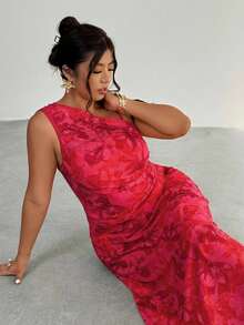 Firerie 大码女式优雅简约时尚基础款ins风连衣裙，适合办公室、通勤、音乐节、海滩度假等场合，透视不规则领口褶皱修身无袖连衣裙 - 玫紅色 - 查看 5