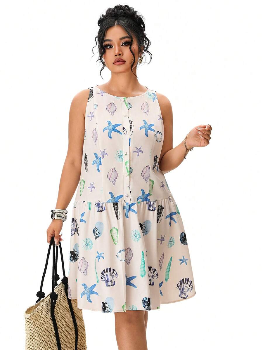 Solavibe Plus Size Women Open Front Ruffled Hem Artistic Seafood & Starfish Print Sleeveless Casual Vacation Dress, Spring/Summer - Multicolor - View 1