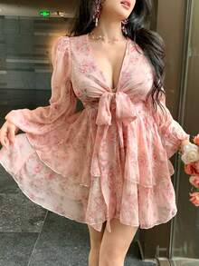DAZY French Style Pink Floral V-Neck Long Sleeve Dress, Tie-Waist Chiffon A-Line Mini Dress, Spring - Baby Pink - View 3