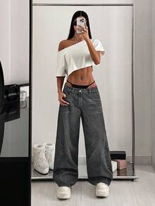 SHEIN HypeZone Quần jeans ống loe cạp thấp dáng suông thêu hình ngôi sao năm cánh dành cho nữ - Xám - Xem 3