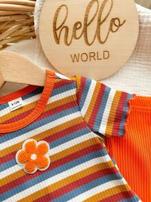 SHEIN Baby Mädchen süßer Sommer lässiger vielseitiger gestrickter bunter gestreifter Kurzarm-Top und Hose mit elastischem Bund Set - Orange - Übersicht 4
