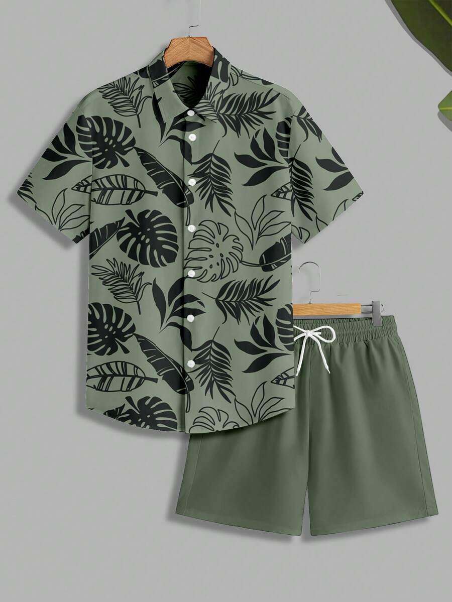 VIVINTIMO Men's Tropical Plant Leaf Print Vacation Style Shirt Set