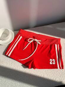 Comfortcana Quần short nữ dáng rộng, thắt dây eo, in số, kiểu dáng thường ngày. - Đỏ - Xem 3