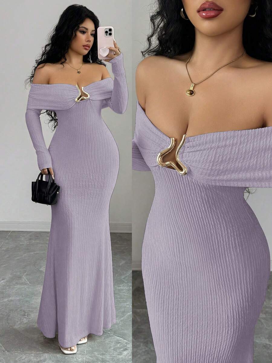 Rafferiza 优雅露肩长袖连衣裙，饰有不对称金属扣，双层领口，鱼尾下摆，纹理针织面料，秋冬款，米色 - 紫色 - 查看 1