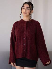 Andrea Bello Oversized Strickjacke mit Knöpfen und Dropped Shoulder, süßer Streetwear-Stil für Herbst, Bauernhaus, Land, Vintage, Herbst, Büro, Abendparty, elegant, Frühlingspullover - Bordeaux - Übersicht 6