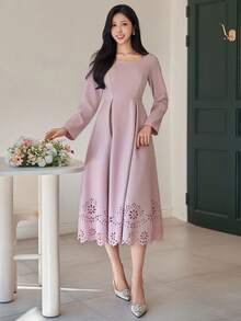 DAZY Vestido largo de mujer de cuello cuadrado elegante y de unicolor con diseño hueco, vestido de invitada de boda de verano y primavera - Rosa - Ver 4
