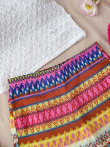 SHEIN Tween Girl 2-Piece Set: White Textured Knit Cold-Shoulder Top & Colorful Striped Skinny Shorts, Summer Tropical Vacation Holiday Crochet Knit Outfit - Multicolor - View 4