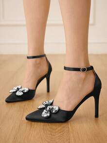 CUCCOO HITCHD Zapatos de tacón alto elegantes y de moda para fiesta con decoración de lazo de strass para mujer - Negro - Ver 4