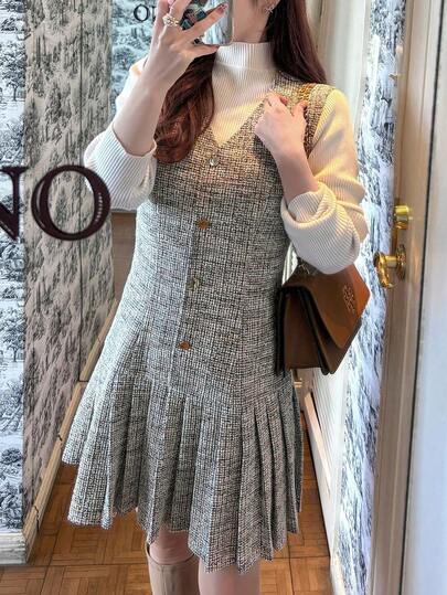 FRIFUL Women's Elegant V-Neck Pleated Hem Patchwork Mini Dress