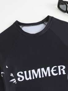 SHEIN Maillot de bain à manches longues avec imprimé palmier pour adolescents garçons, convient pour les vacances à la plage - Noir et Blanc - Voir 6