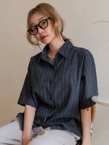 DAZY Striped Button Front Shirt Preppy Tops Fall - Grey - View 8