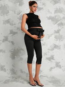MaterniChic 孕妇纯色休闲裤，带蝴蝶结装饰 - 黑色 - 查看 4