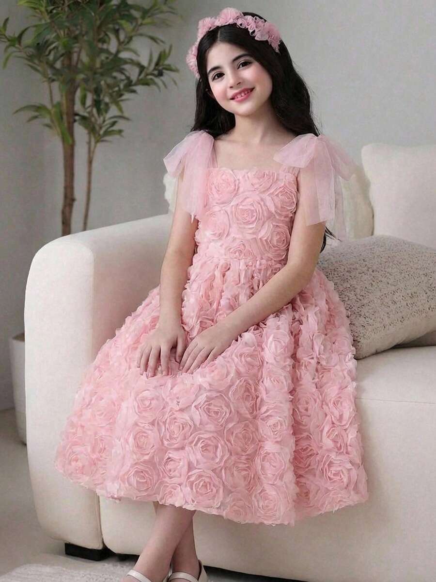 少女优雅方领3D立体花卉面料肩部网纱拼接连衣裙 - 藕粉色 - 查看 1