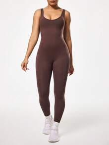 SHEIN Sports 女士无缝性感露背交叉绑带连体瑜伽运动服 - 棕色 - 查看 2
