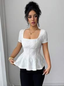 Elenzga New Summer Textured Knit Jacquard Fabric Unique Elegant Elegant Square Neck Waist Slimming Ruffle Hem Casual Daily Versatile Short Sleeve Spring Women T-Shirt - Apricot - View 5