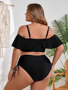 SHEIN CURVE+ 大码女士黑色荷叶边抽绳沙滩度假比基尼套装 - 黑色 - 查看 2