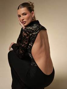 Hauture 女式高领蕾丝拼布露背开衩性感连衣裙 - 黑色 - 查看 7