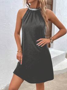 Breezaya Contrast Sequin Keyhole Back Halter Neckline Dress Vacation Beach Outfits Women - Dark Grey - View 3