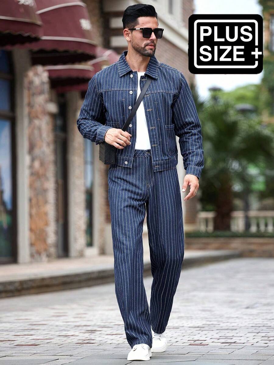 Manfinity Homme Plus Size Men's Casual Striped Loose Front Button Denim Shirt And Jeans Set, Autumn Men Navy Blue Denim 2 Pieces Set Men's Striped Denim Outfit - Blue and White - View 1