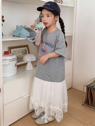 DAZY 女童圆领韩版短袖蕾丝拼接卡通印花连衣裙