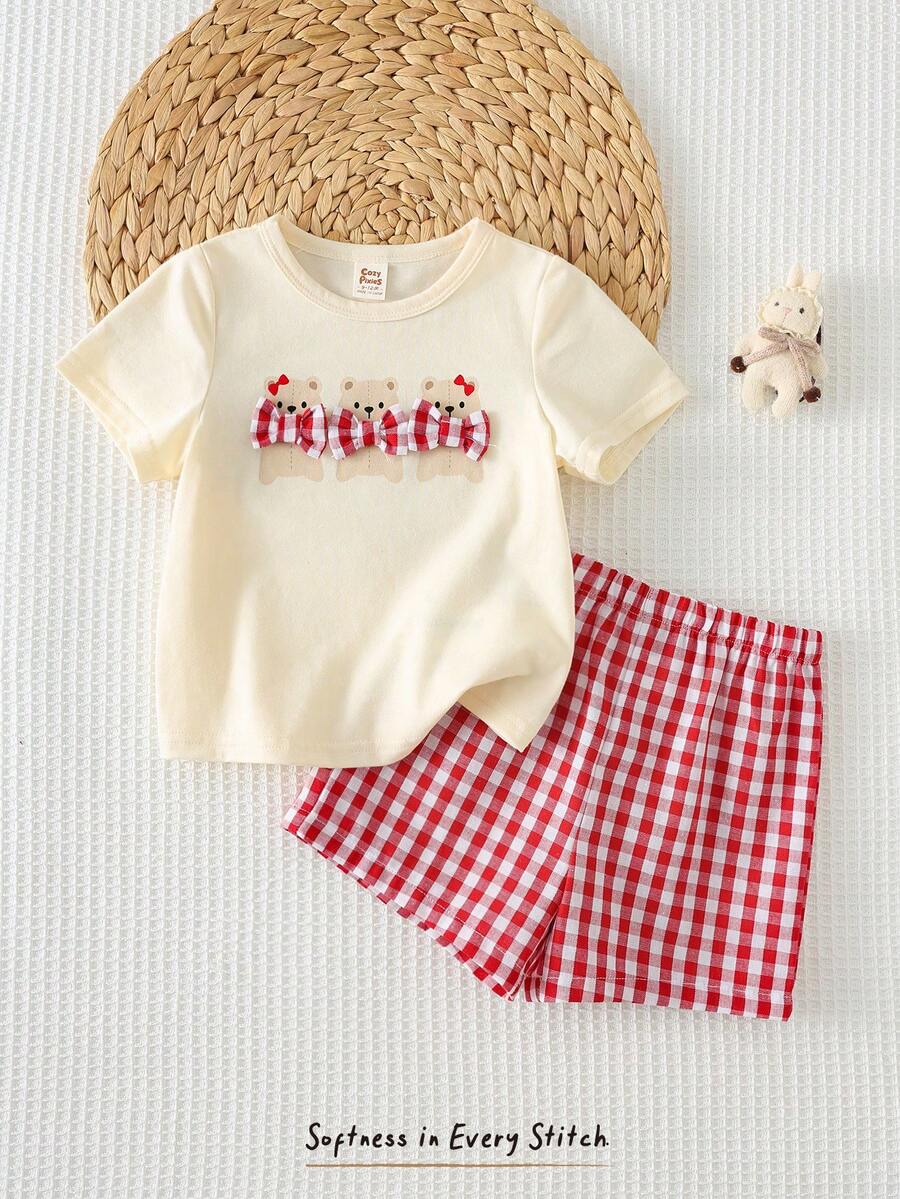 Cozy Pixies 2pcs Baby Girl Cartoon Animal Print Soft Knit Crew Neck Short Sleeve Top And Elastic Waist Pants Set - Multicolor - View 1