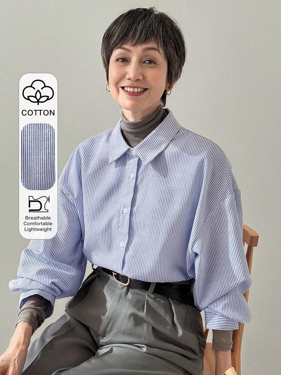 FRIFUL Striped Print Button Front Blouse Long Sleeve Top