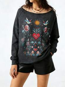 SoleilVie 女士波西米亚风花卉刺绣插肩袖宽松休闲卫衣 刺绣卫衣 图案卫衣 女士上衣 Anthropologie 服装 - 黑色 - 查看 7