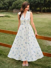Vintamour Vestido ajustado con cuello y estampado floral elegante y vintage, para primavera/verano - Azul y blanco - Ver 4