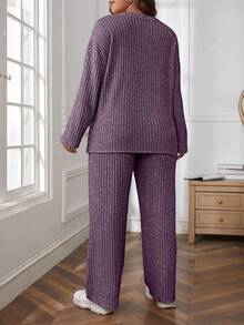 SHEIN Essnce 2pcs Plus Size Solid Color Rib Knit Long Sleeve Top And Pants Set, Casual Autumn - Purple - View 2