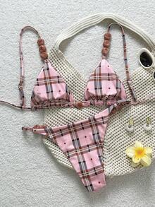 Swim Mod Summer Women 2pcs Gingham Print Beaded Spaghetti Strap Crop Top & Ruched Bikini Bottom Swimsuit Set - Multicolor - View 4