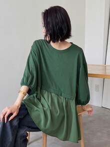 FRIFUL Women's Loose Fit Round Neck Casual T-Shirt With Drop Shoulders, Summer,Ruffle Oversized T-Shirt - Green - View 3