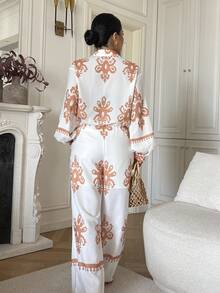 DAZY Women's Casual Retro Print Lantern Sleeve Shirt & Wide Leg Pants 2 Pieces Set, Spring/Summer - Orange - View 2