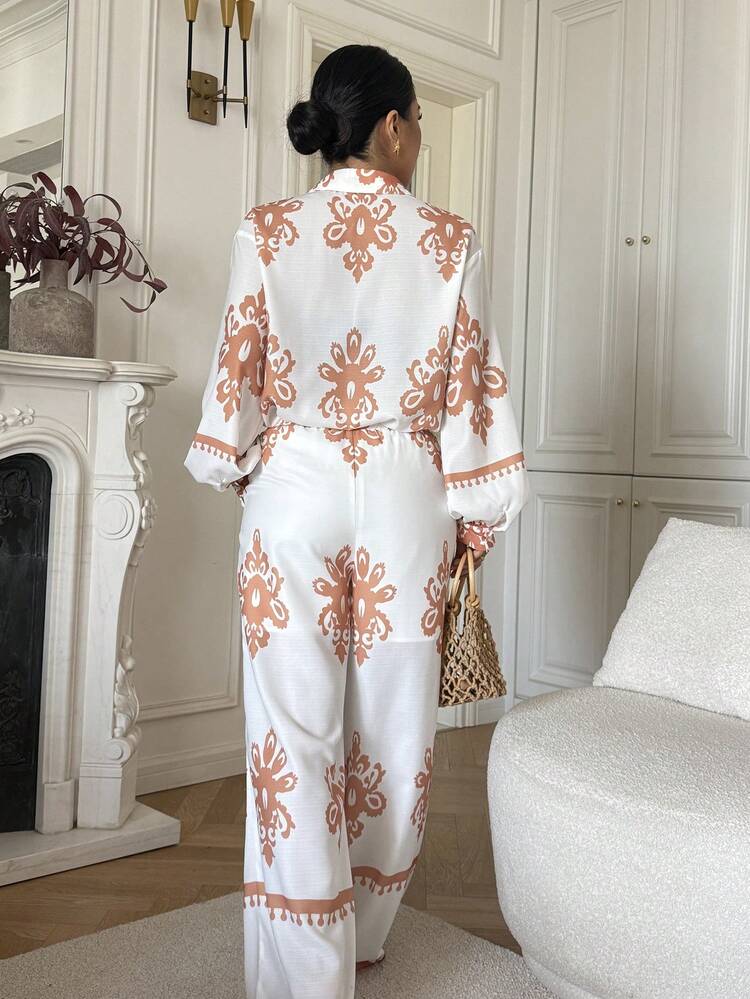 Women's Casual Retro Print Lantern Sleeve Shirt & Wide Leg Pants 2 Pieces Set, Spring/Summer,Wedding Guest Dress Women