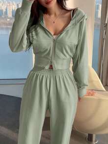 DAZY 2pcs Women Casual Zipper Front Jacket And Wide Leg Pants Set, Spring Summer Hoodie Lounge Sets For Women - Mint Green - View 7