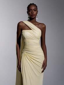 Elitara Elegant Yellow Metallic Shiny Mesh Strapless Asymmetric Neck Flounce Top Pleated Fishtail Side High Slit Dress, Suitable For Dates, Weddings, Events, Bridesmaid - Yellow - View 6