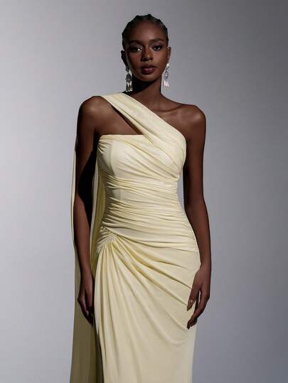 Elitara Elegant Yellow Metallic Shiny Mesh Strapless Asymmetric Neck Flounce Top Pleated Fishtail Side High Slit Dress, Suitable For Dates, Weddings, Events, Bridesmaid