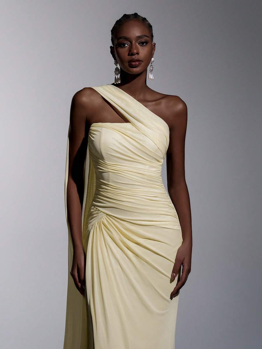 Elegant Yellow Metallic Shiny Mesh Strapless Asymmetric Neck Flounce Top Pleated Fishtail Side High Slit Dress, Suitable For Dates, Weddings, Events, Bridesmaid - Yellow - View 1
