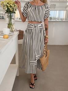 DAZY Women's Casual Striped Off-Shoulder Top And Tie-Waist Skirt 2-Piece Set, Spring/Summer Lounge Sets For Women Short Sets For Women - Black - View 4