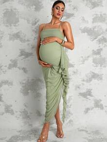 MaterniChic Maternity Summer Sage Green Elegant Party Pregnant Spaghetti Strap Ruffle Hem Dress For Photography,Baby Shower,Wedding Guest And Luxury Evening Out - Green - View 5