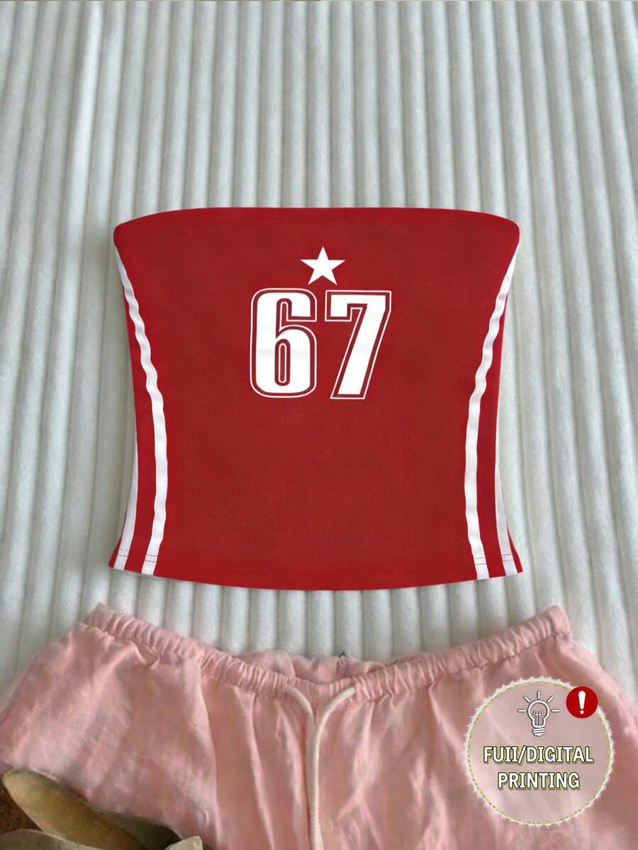 Glimmora 女士红色 67 号图案街头风抹胸上衣 - 紅色 - 查看 1