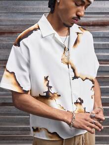 AXEPEAK 男士休闲度假风街头扎染印花宽松短袖衬衫，夏季 - 白色 - 查看 5