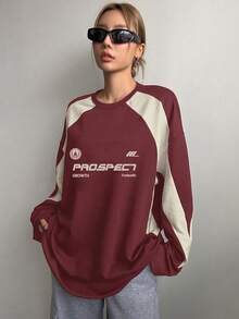 DAZY Women Spring/Summer Loose Casual Long Sleeve T-Shirt With Letter Print Long Sleeve WTH PROSPECT Fantastic Jersey,Fall Clothes,Back To School Clothes Graphic Tee - Burgundy - View 3