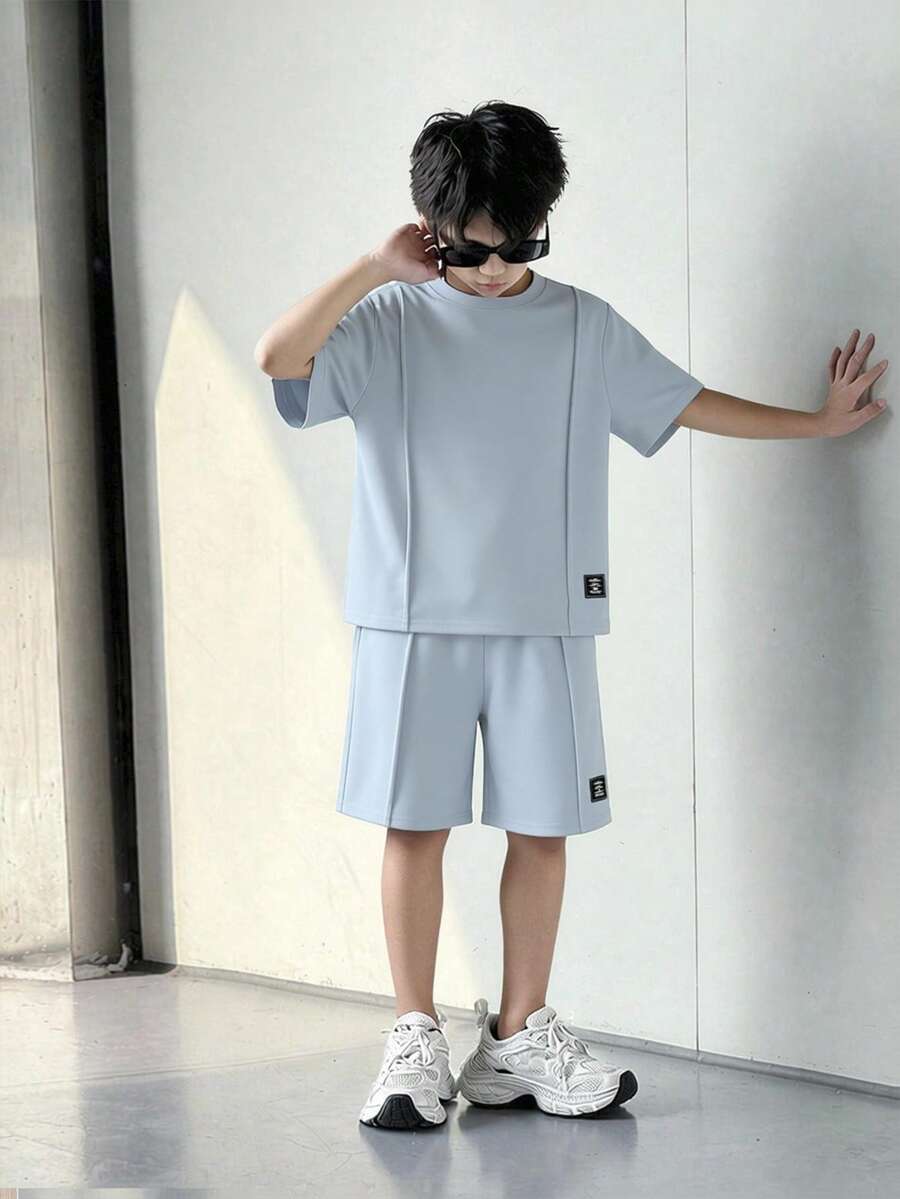 SHEIN Mirajuku 青少年男孩字母拼接缝线细节T恤和短裤 - 淺藍色 - 查看 1