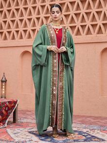 SHEIN Najma Elegant Ribbon Patchwork Long Sleeve Flared Women's Abaya - Green - View 7