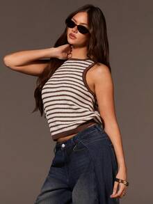 Athîral 女士复古撞色条纹针织背心，独特设计展现法式优雅休闲风格，百搭精致，适合通勤、约会及各种场合，圆领短款无袖毛衣/吊带衫 - 彩色 - 查看 6