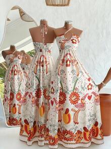 Selianne Women's Long Elegant Vacation Printed Dress - Apricot - View 1